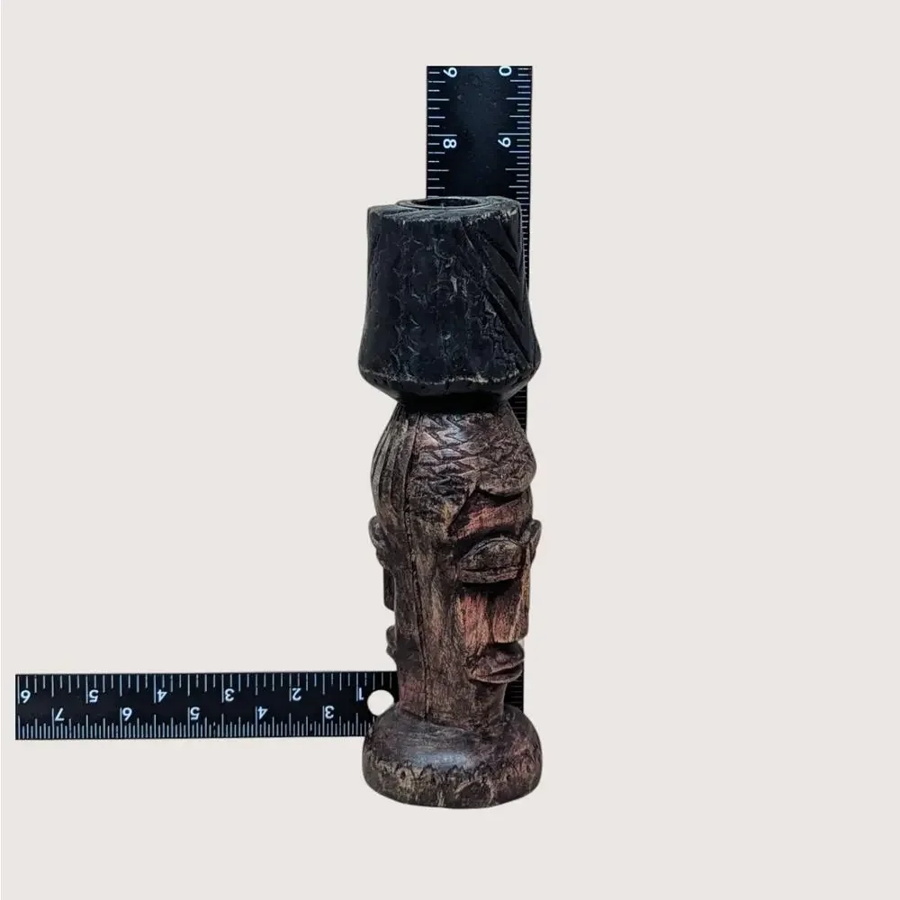 Vintage Hand Carved Wooden Figural Candle Holder Pair